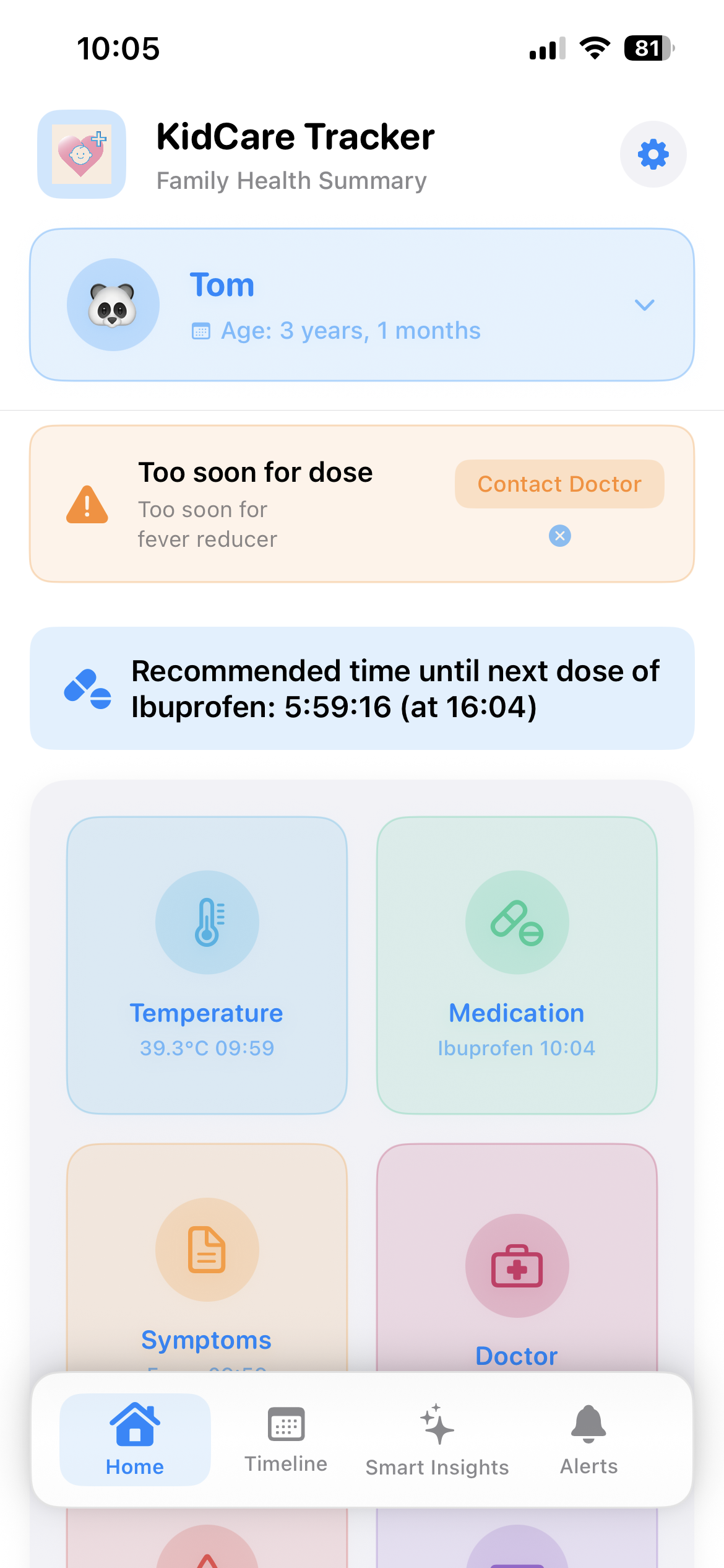 KidCare Tracker app showing medication log and dose history